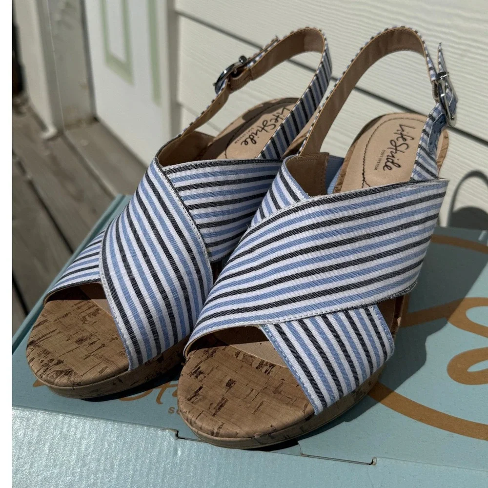 LifeStride Sandals Women‎ 8.5 Blue Striped Block Heel Cork Slingback Strappy NIB
